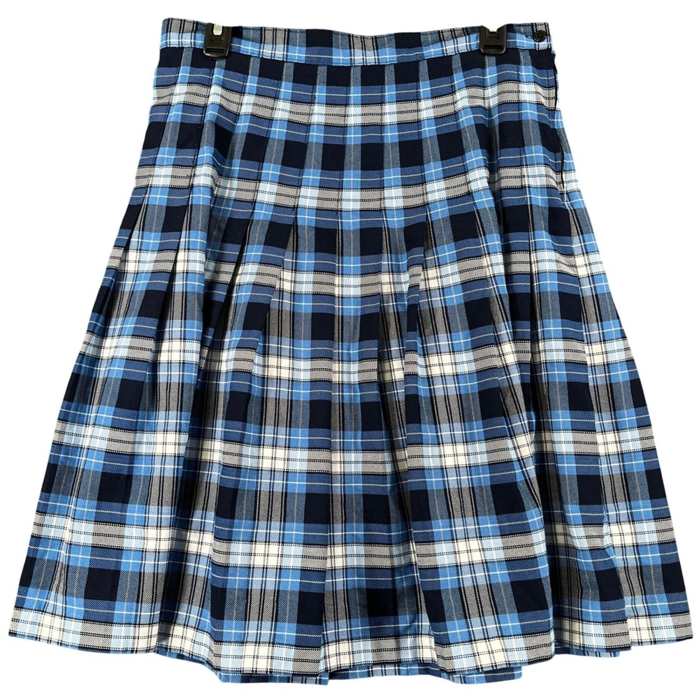 Lands End Plaid Skirt Womens 6 Blue White Pleated Tartan School Uniform Preppy